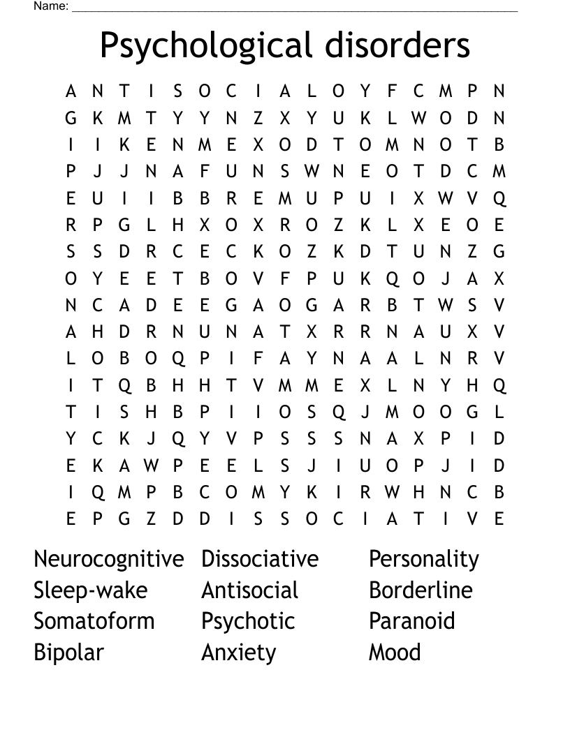 Psychological disorders  Word Search