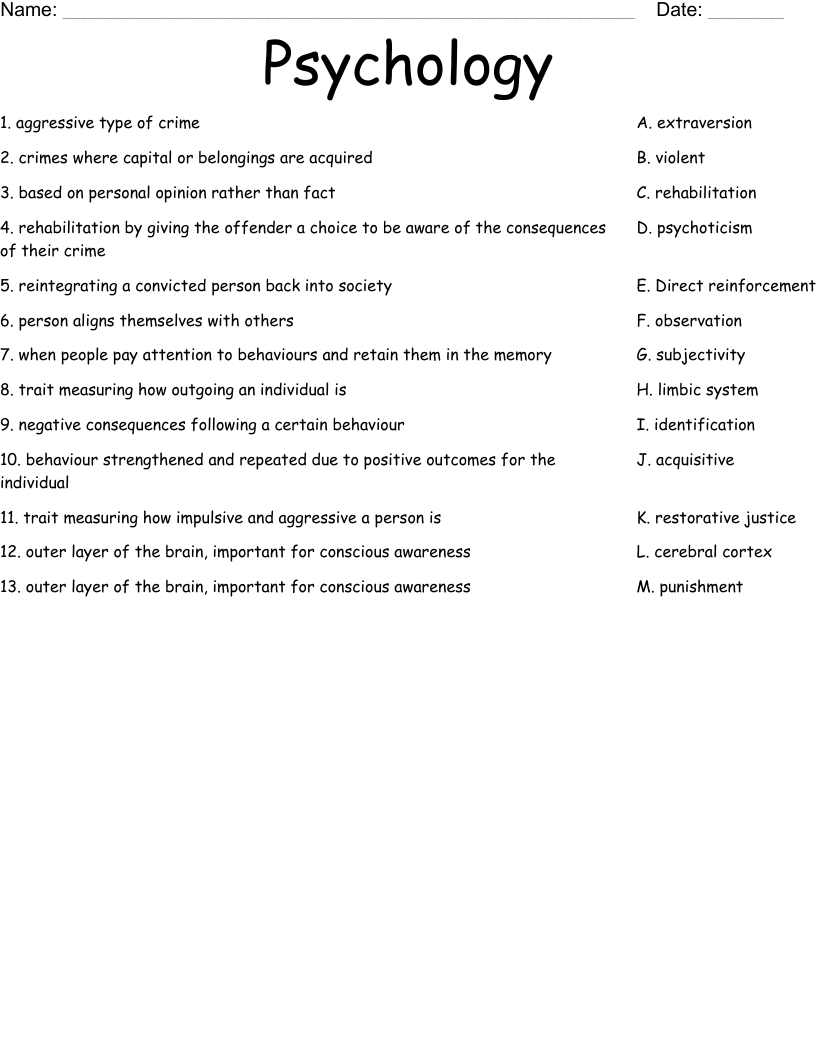 Psychology Worksheet