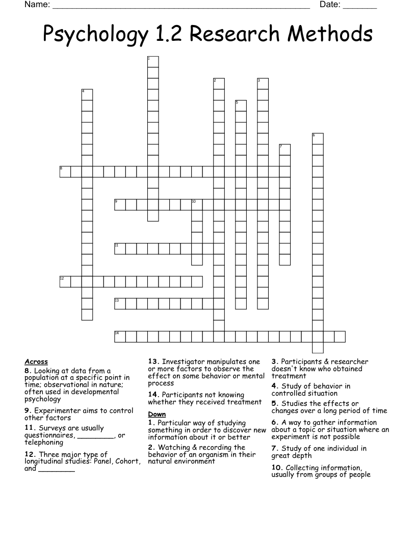 Psychology 1.2 Research Methods Crossword