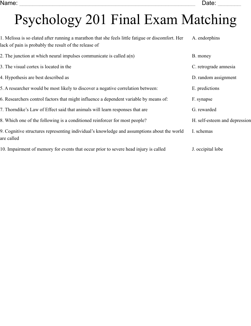 Psychology 201 Final Exam Matching  Worksheet