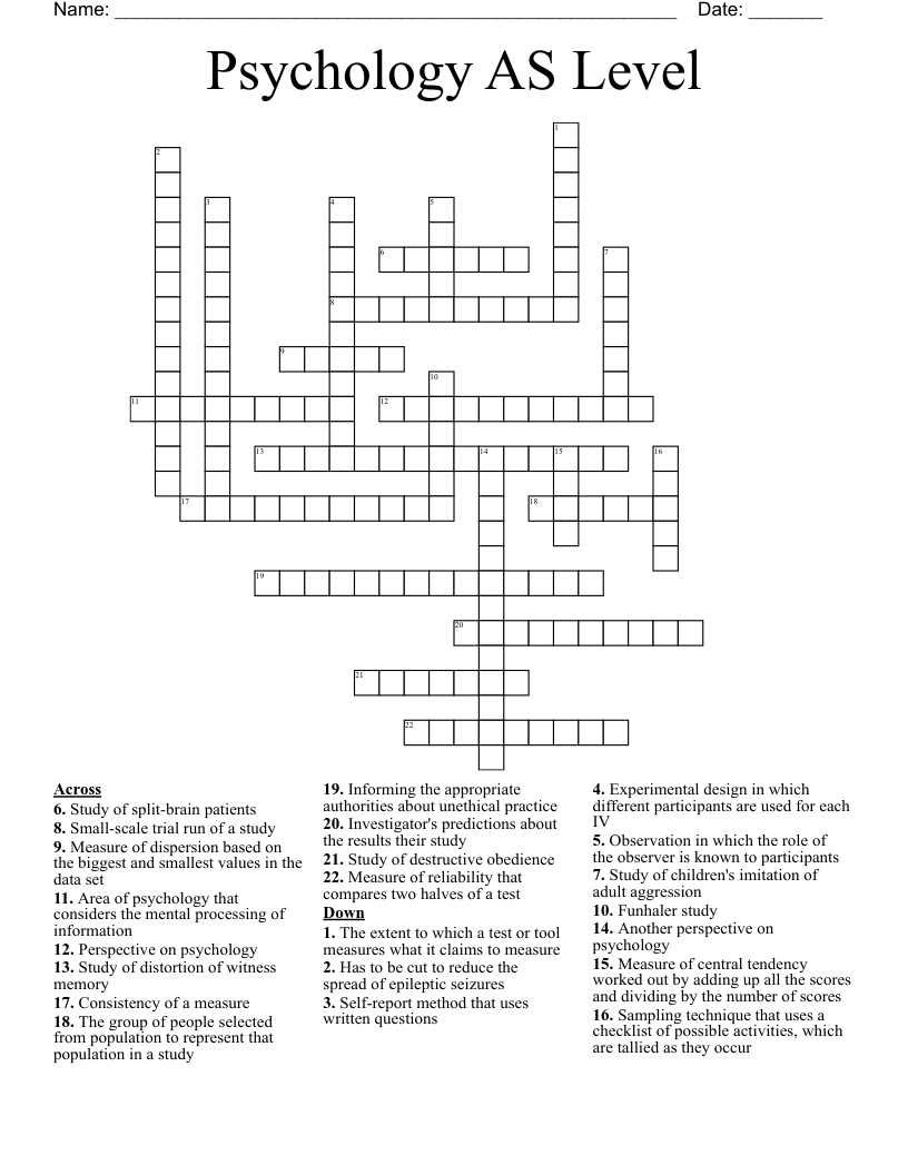 Psychology AS Level Crossword