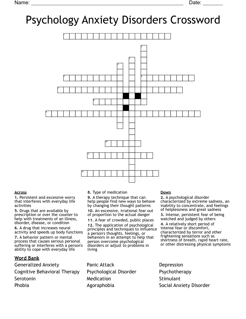 Psychology Anxiety Disorders Crossword