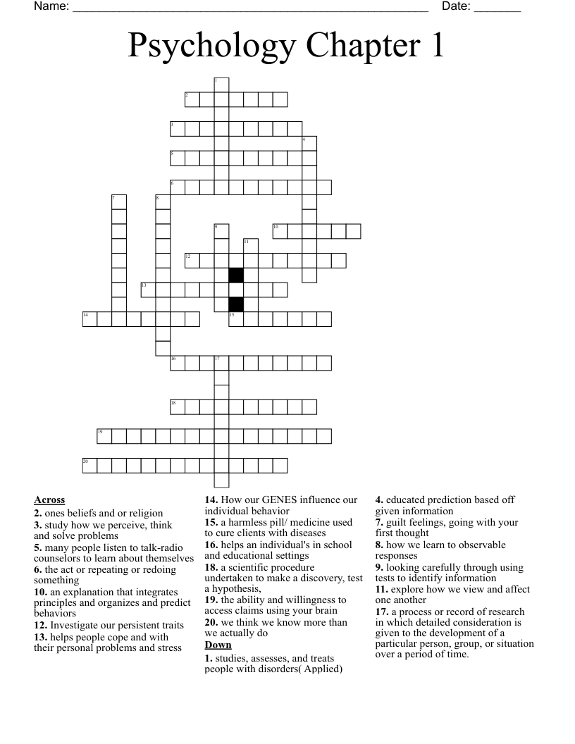 Psychology Chapter 1 Crossword