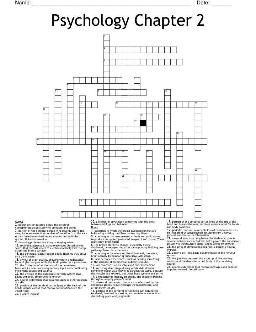 Psychology Chapter 2 Crossword