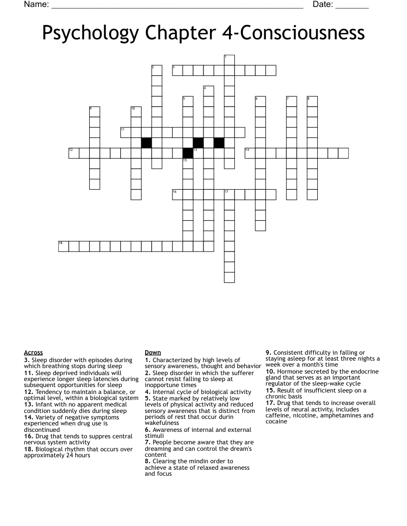 Psychology Chapter 4-Consciousness Crossword