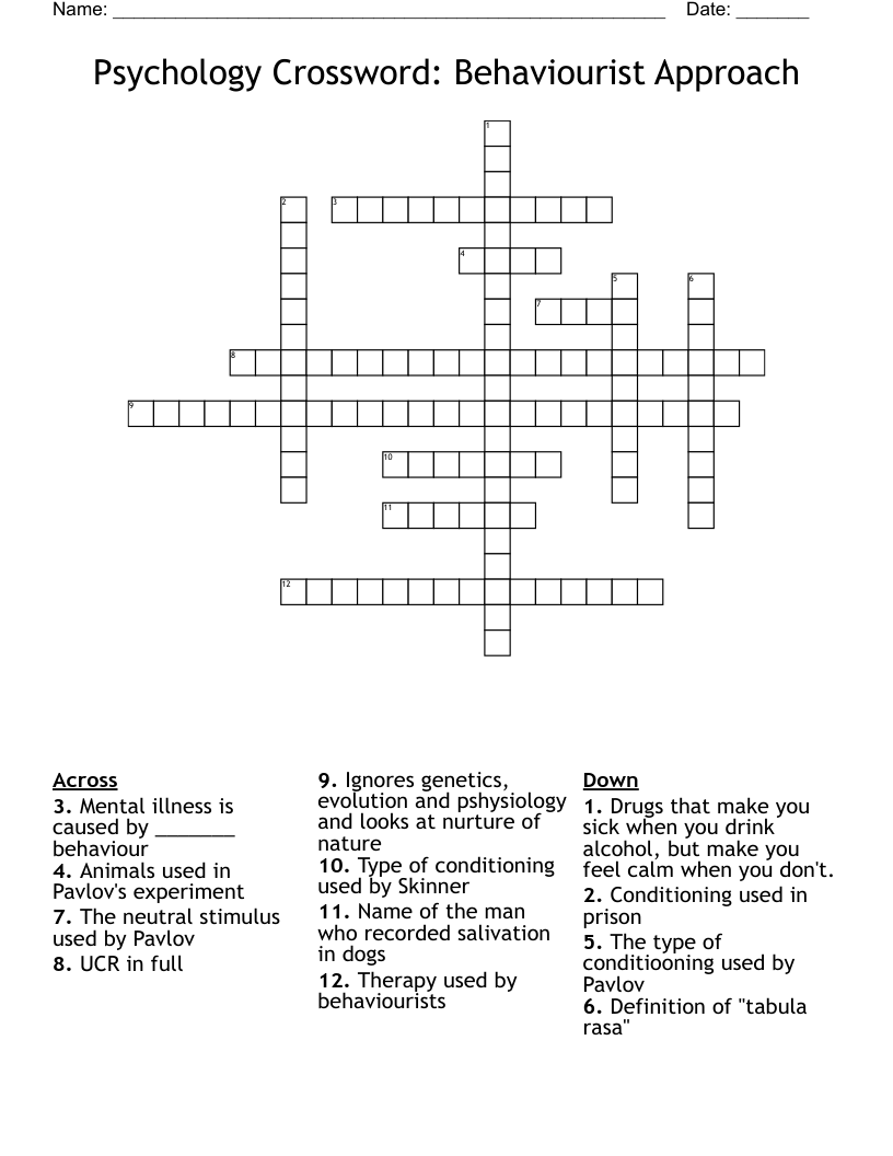 Psychology Crossword: Behaviourist Approach