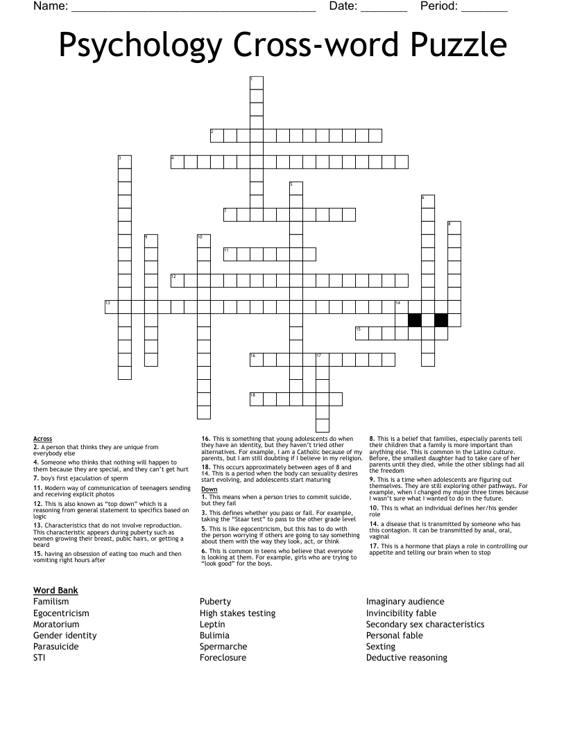 Psychology Cross-word Puzzle Crossword