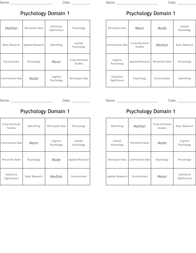 Psychology Domain 1 Bingo Cards