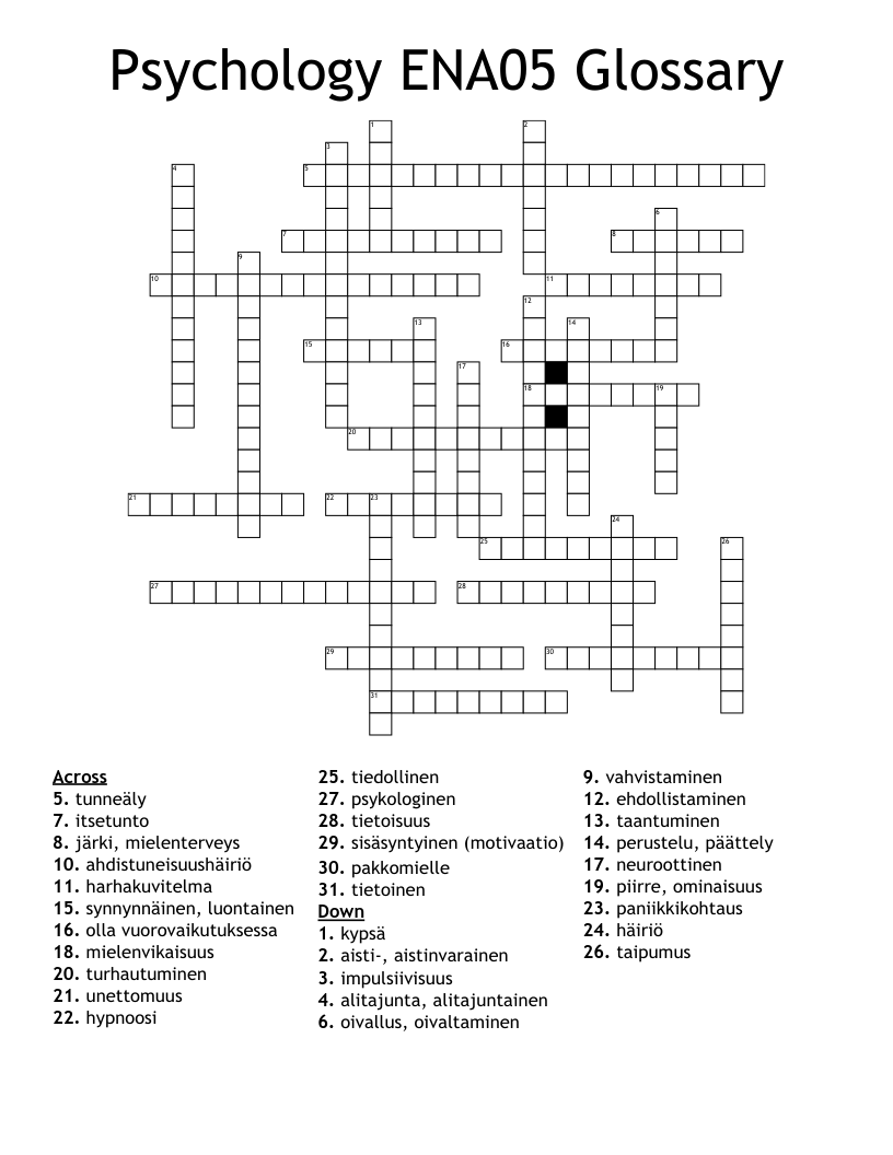 Psychology ENA05 Glossary Crossword