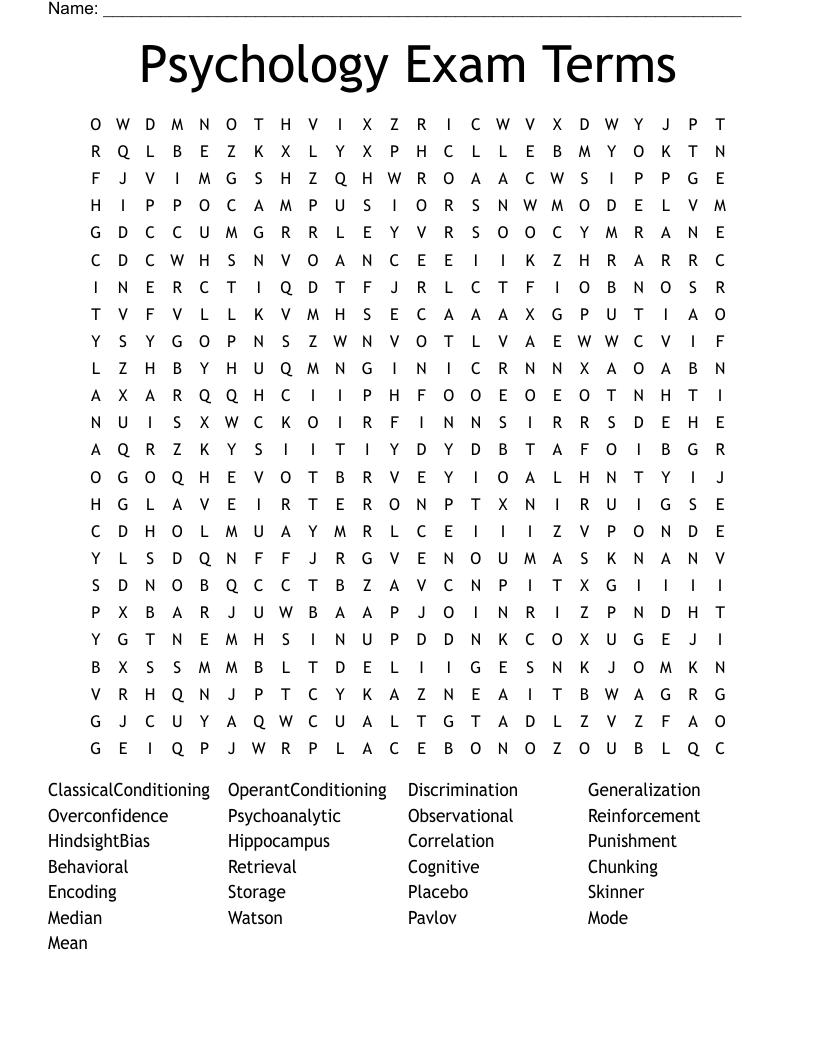 Psychology Exam Terms Word Search