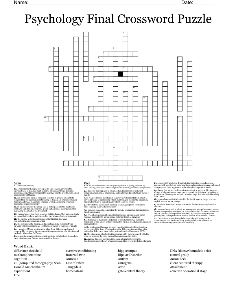 Psychology Final Crossword Puzzle