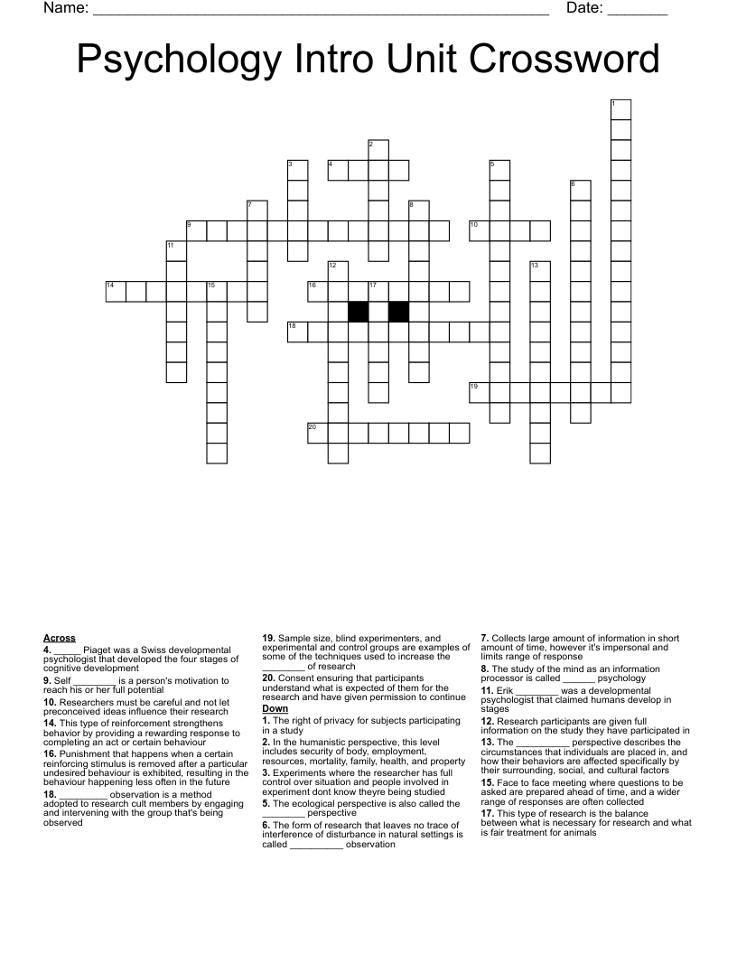Psychology Intro Unit Crossword