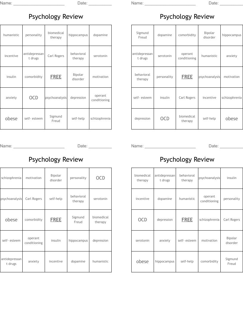Psychology Review Bingo Cards