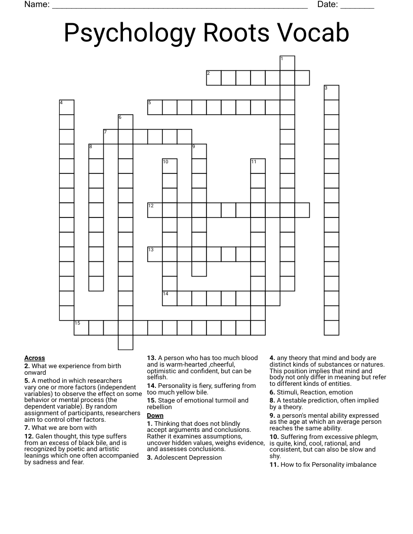 Psychology Roots Vocab Crossword