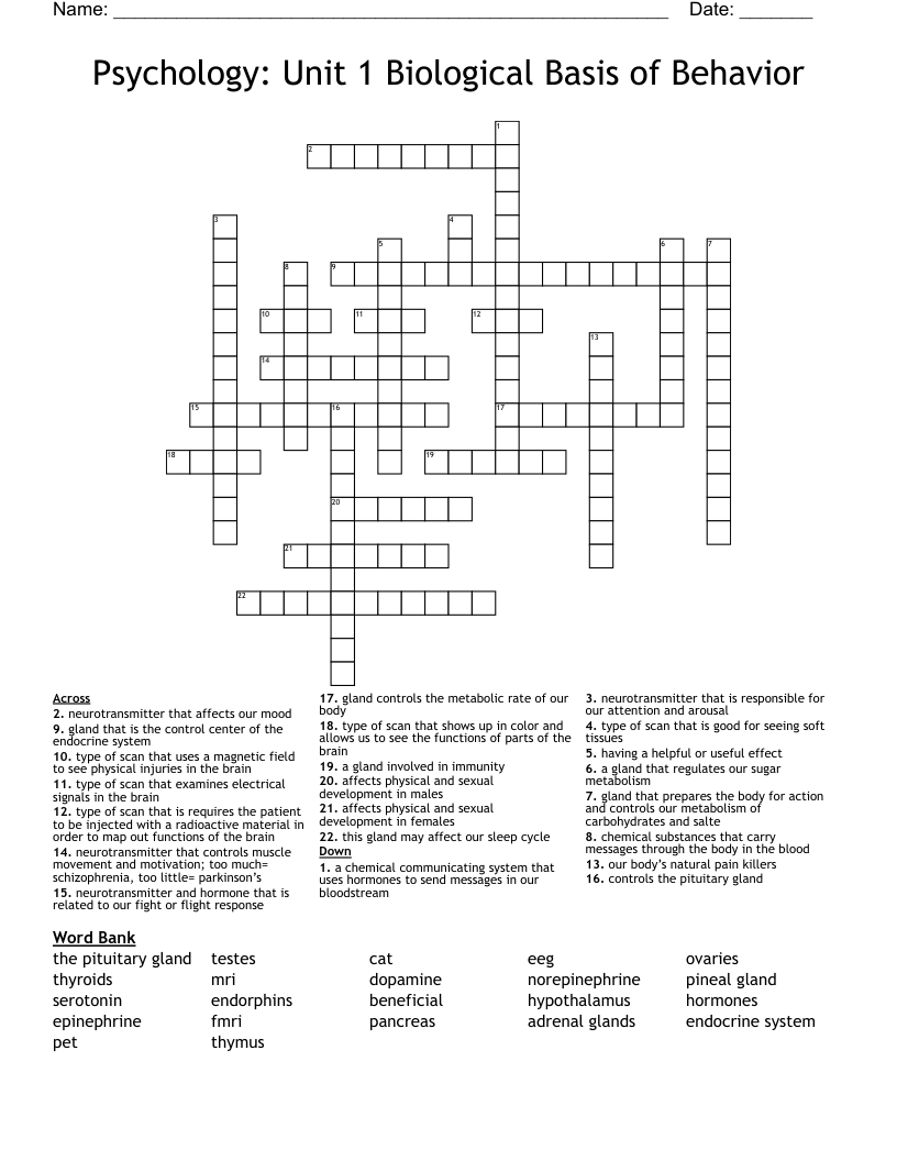 Psychology: Unit 1 Biological Basis of Behavior Crossword