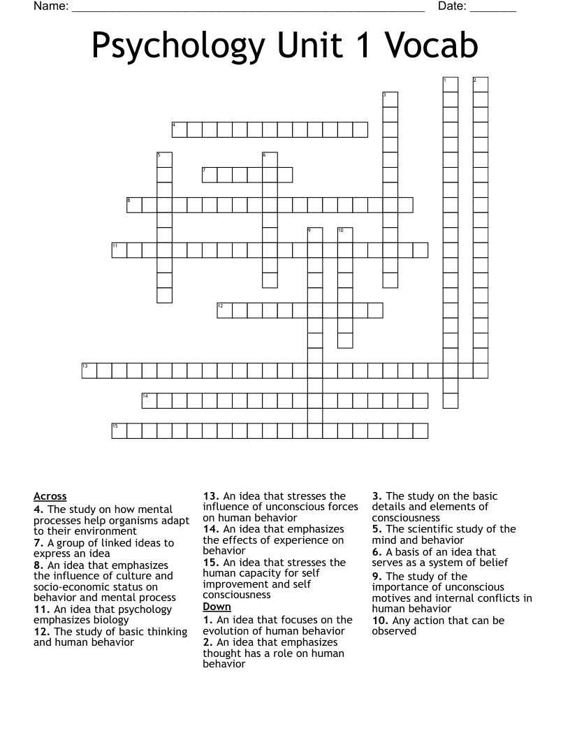 Psychology Unit 1 Vocab Crossword
