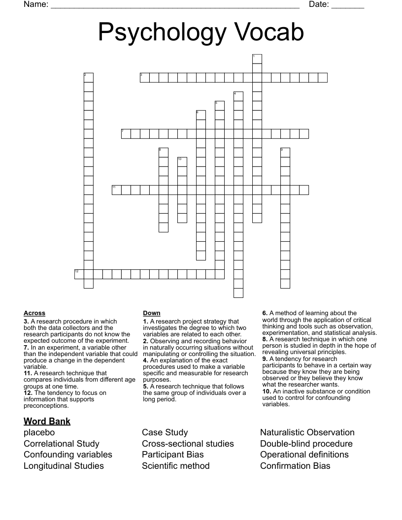 Psychology Vocab Crossword