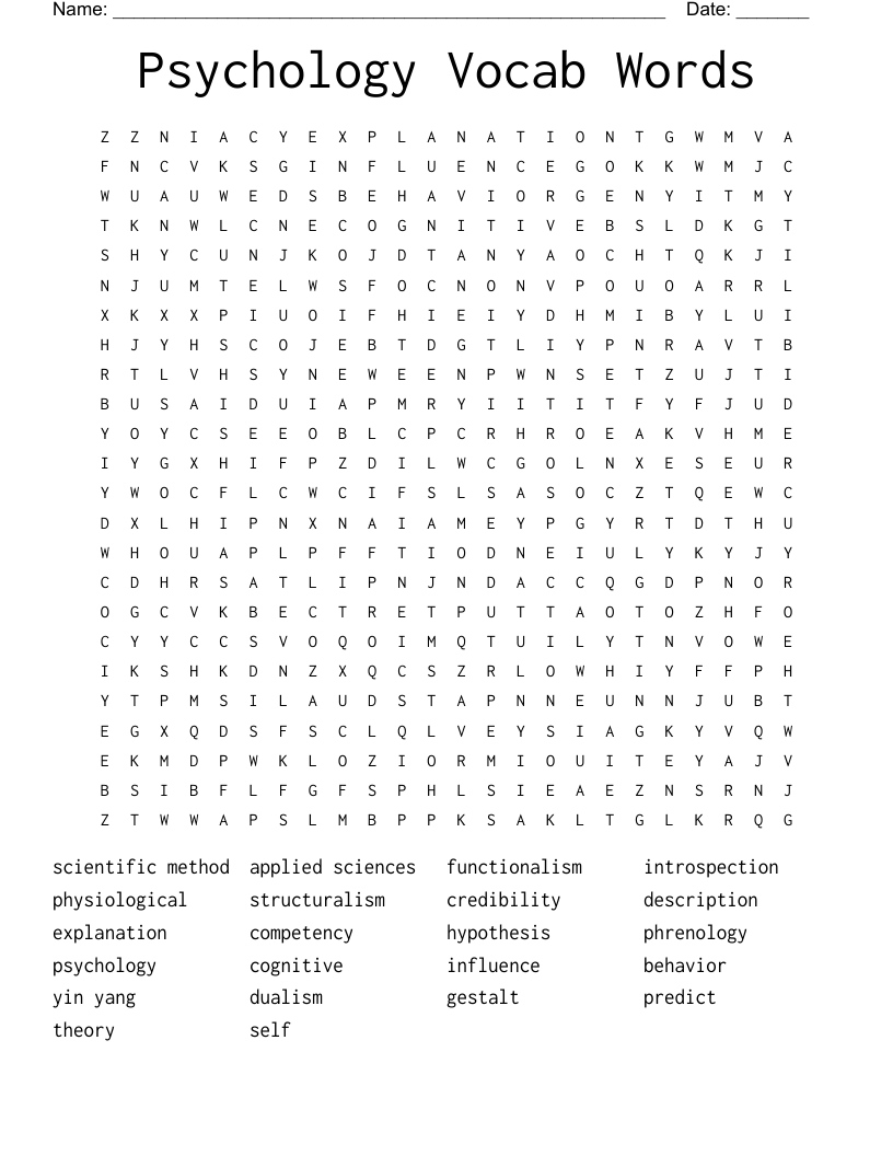 Psychology Vocab Words Word Search