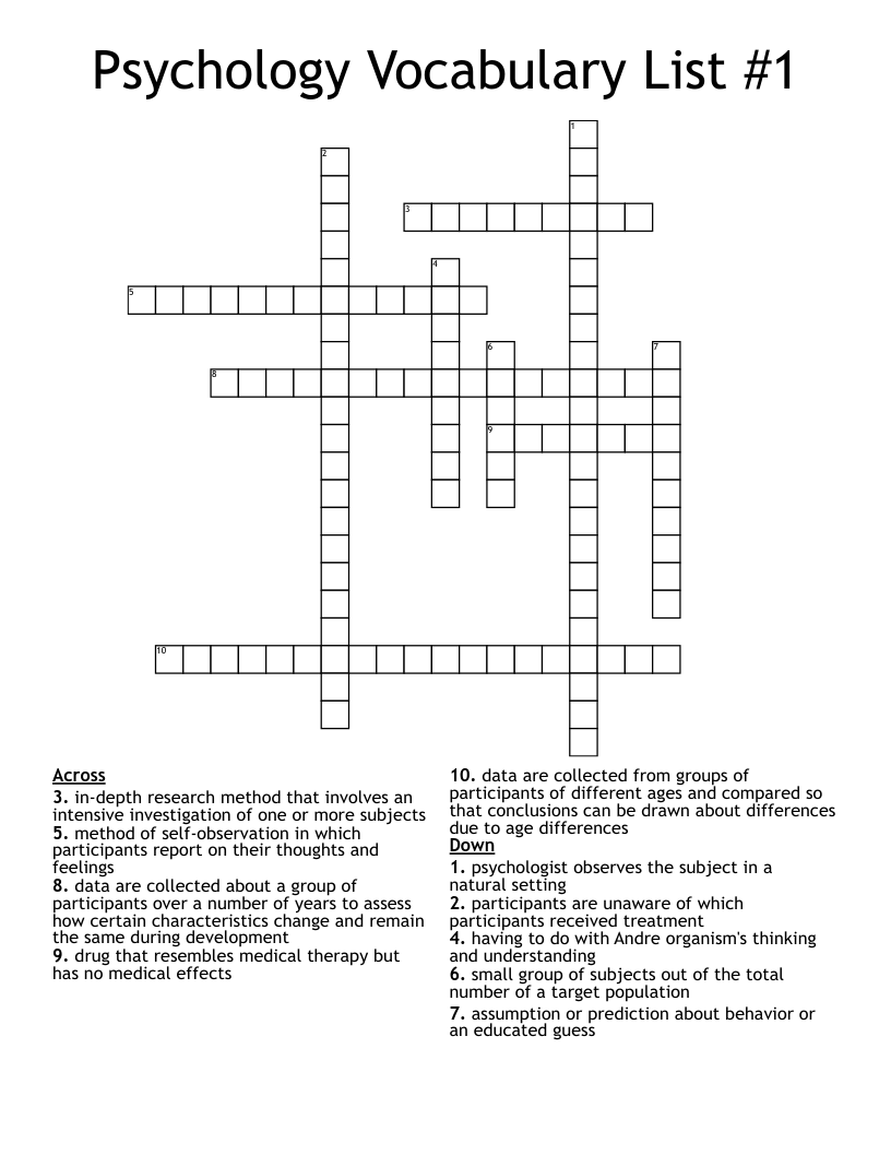 Psychology Vocabulary List #1 Crossword