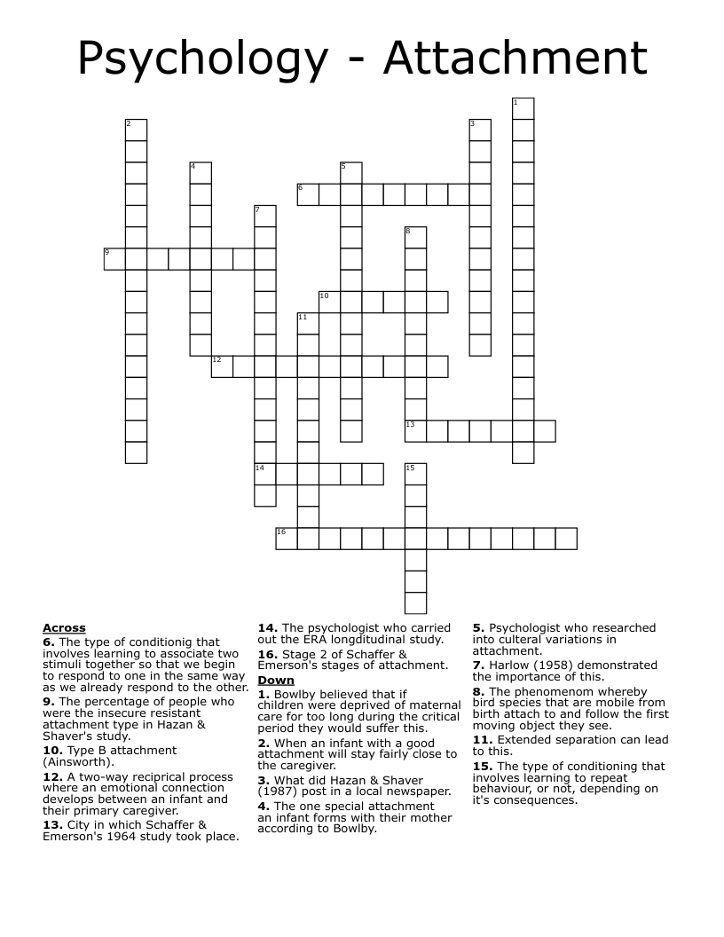 Psychology - Attachment Crossword