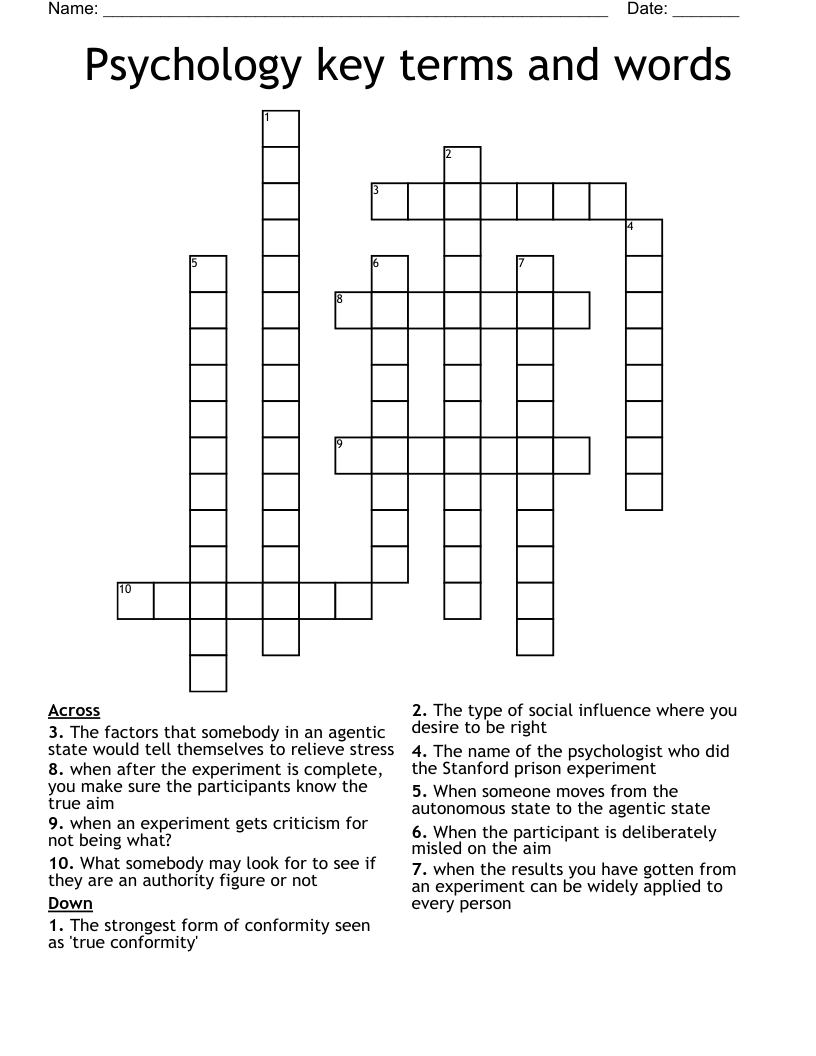 Psychology key terms and words Crossword