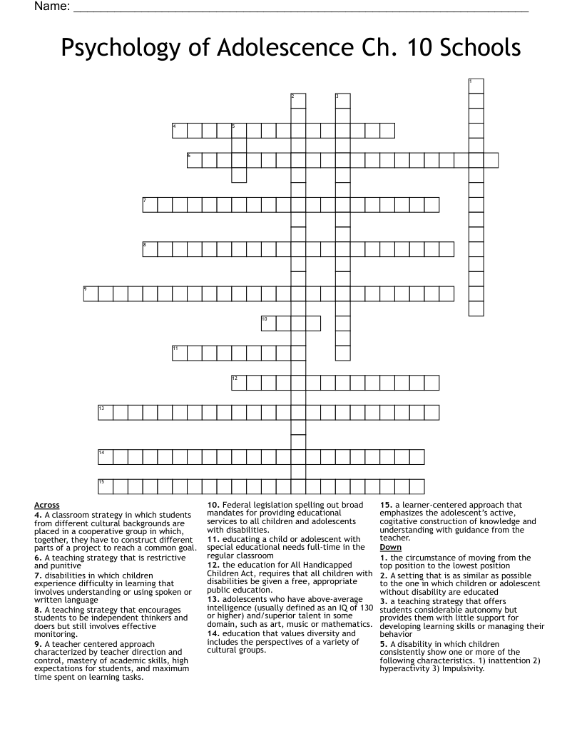 Psychology of Adolescence Ch. 10 Schools Crossword