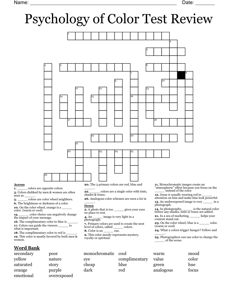 Psychology of Color Test Review Crossword