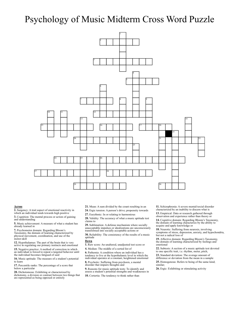 Psychology of Music Midterm Cross Word Puzzle