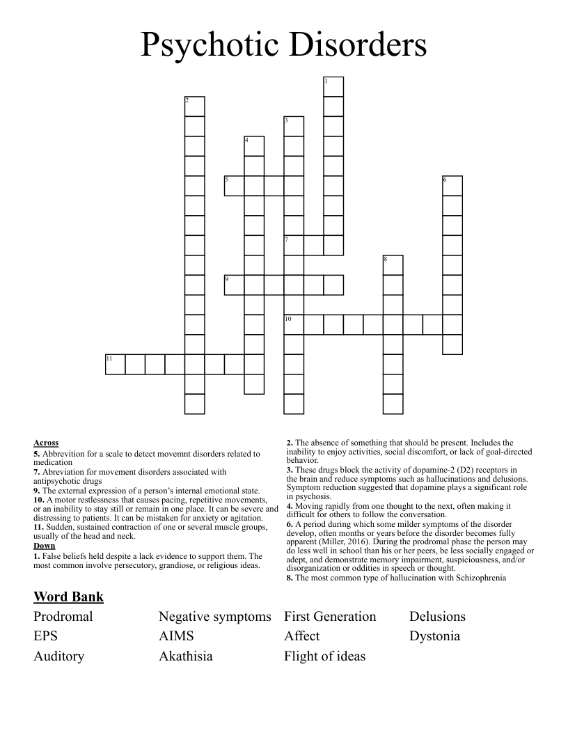 Psychotic Disorders Crossword