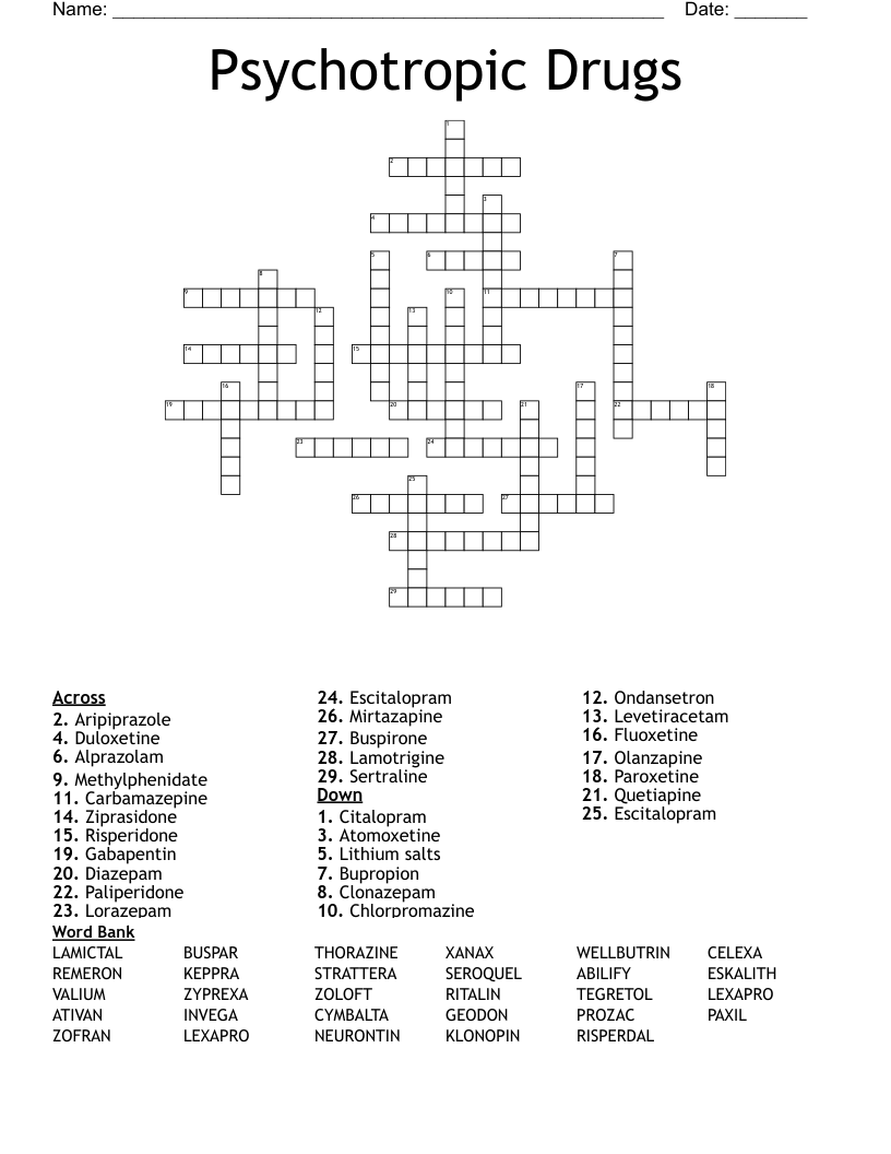 Psychotropic Drugs Crossword