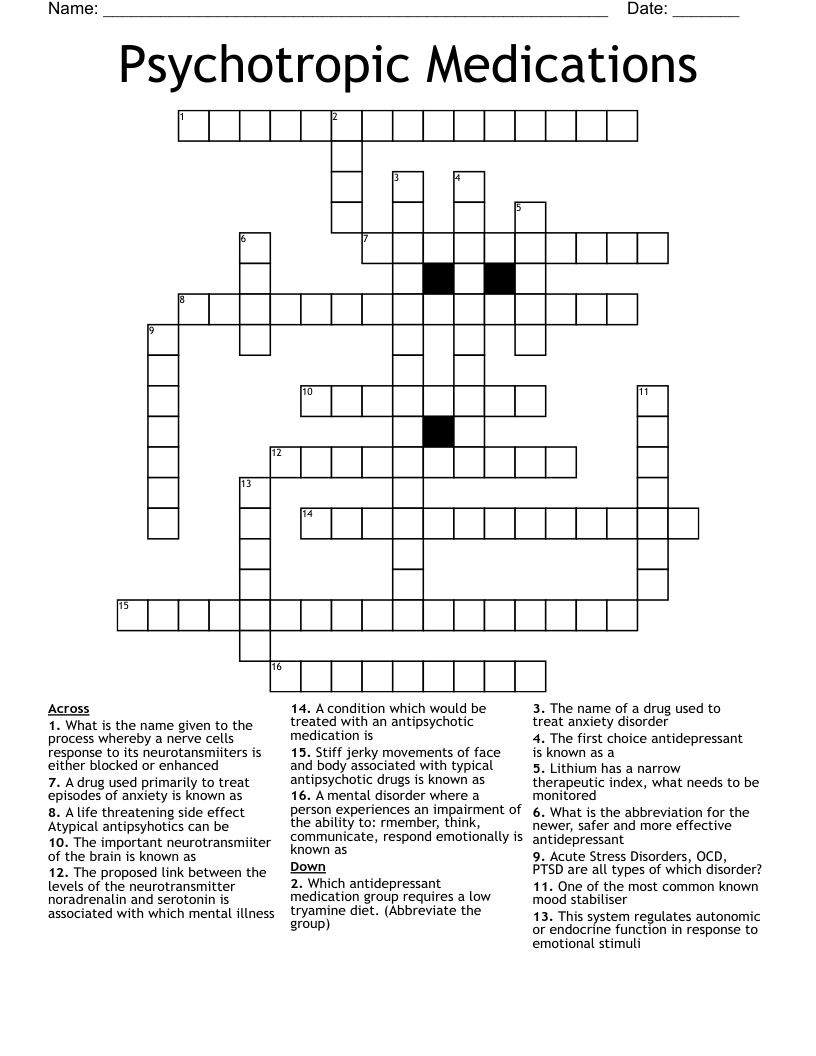 Psychotropic Medications Crossword