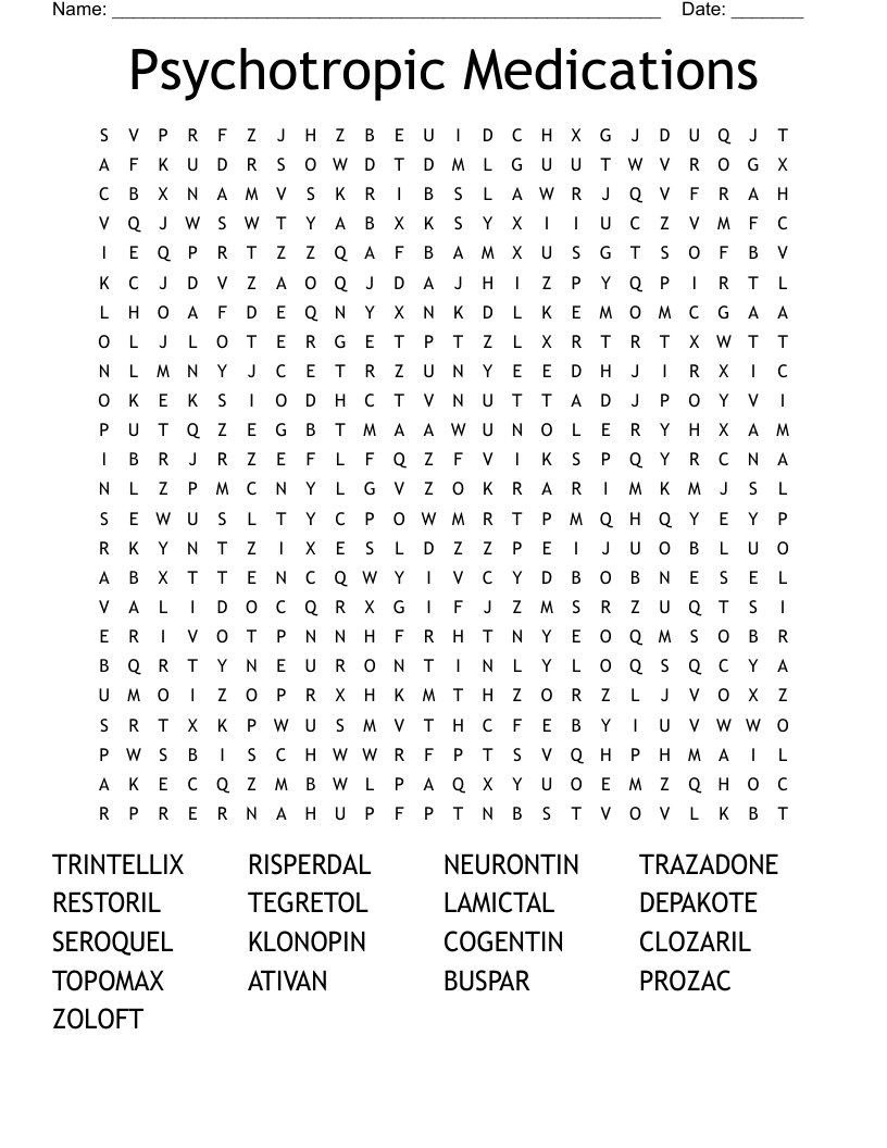 Psychotropic Medications Word Search