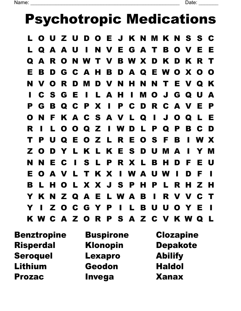 Psychotropic Medications Word Search