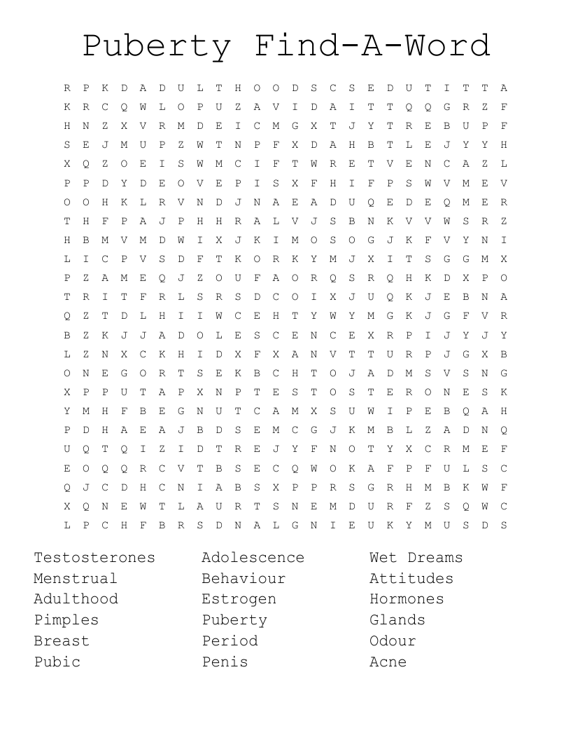 Puberty Find-A-Word Word Search