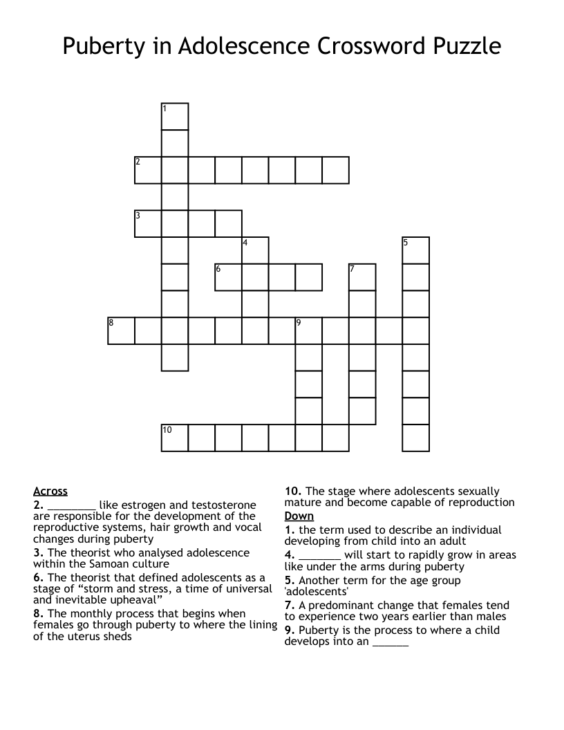 Puberty in Adolescence Crossword Puzzle 