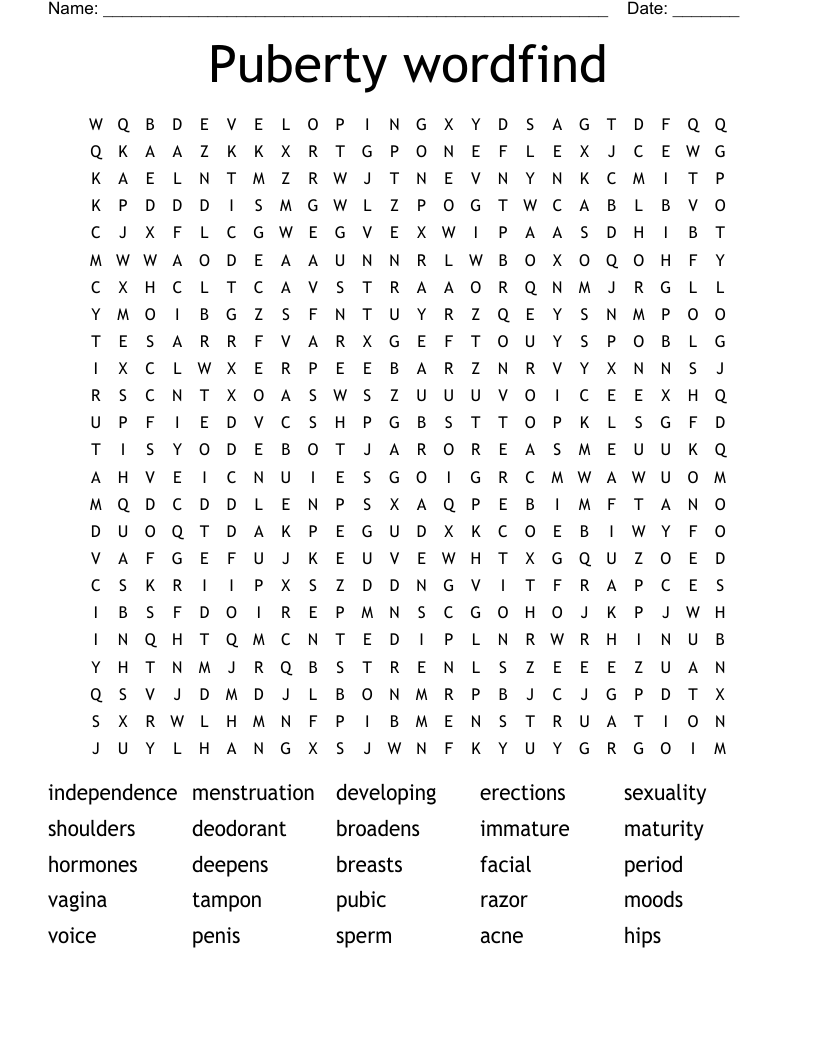 Puberty wordfind Word Search