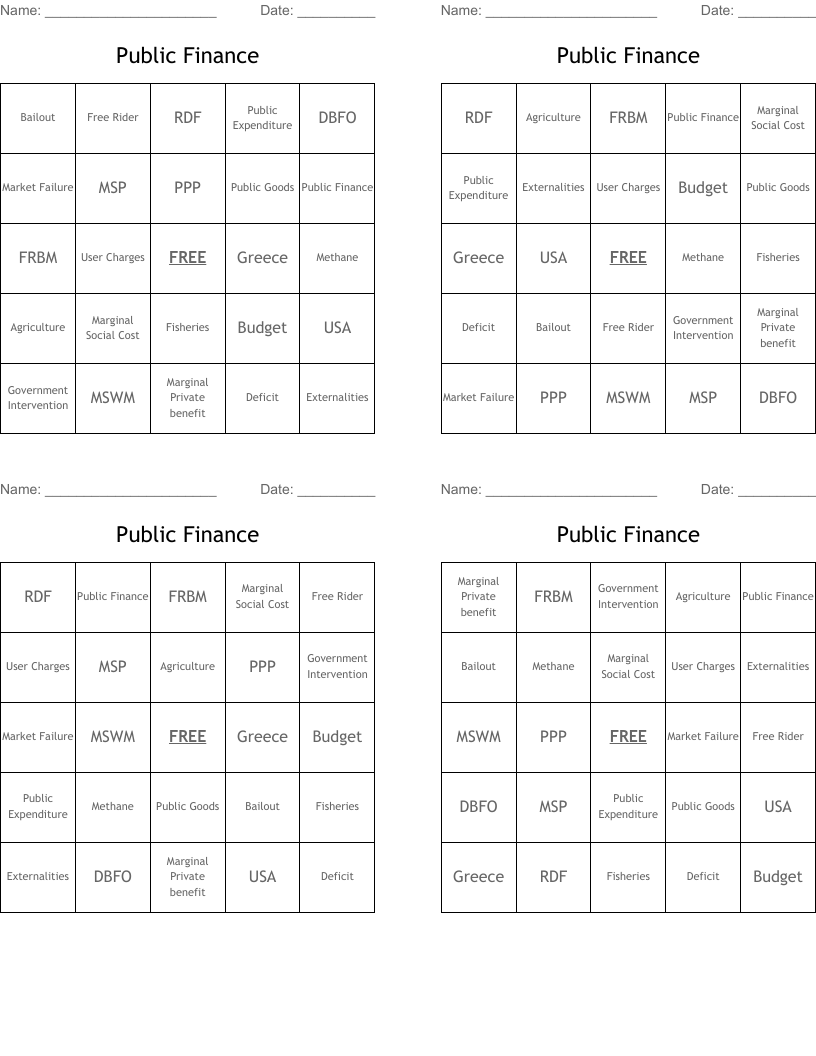 Public Finance Bingo Cards