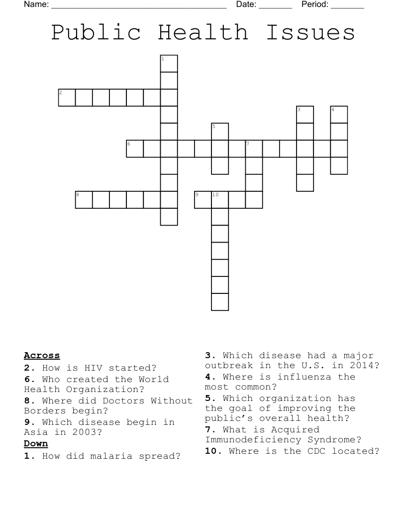 Public Health Issues Crossword