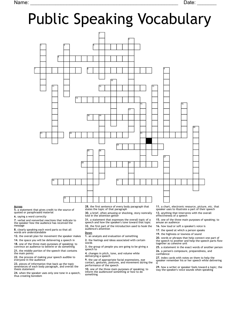 Public Speaking Vocabulary Crossword