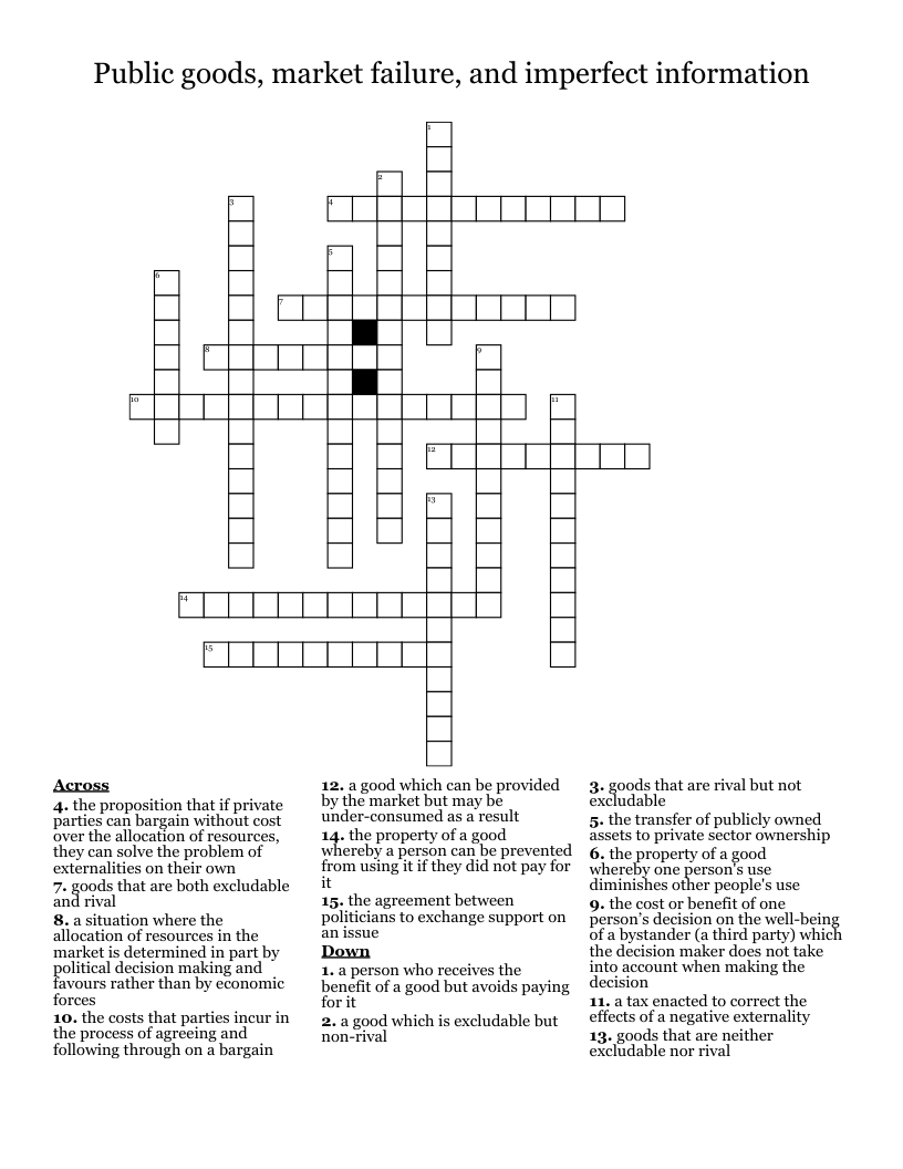 Public goods, market failure, and imperfect information Crossword