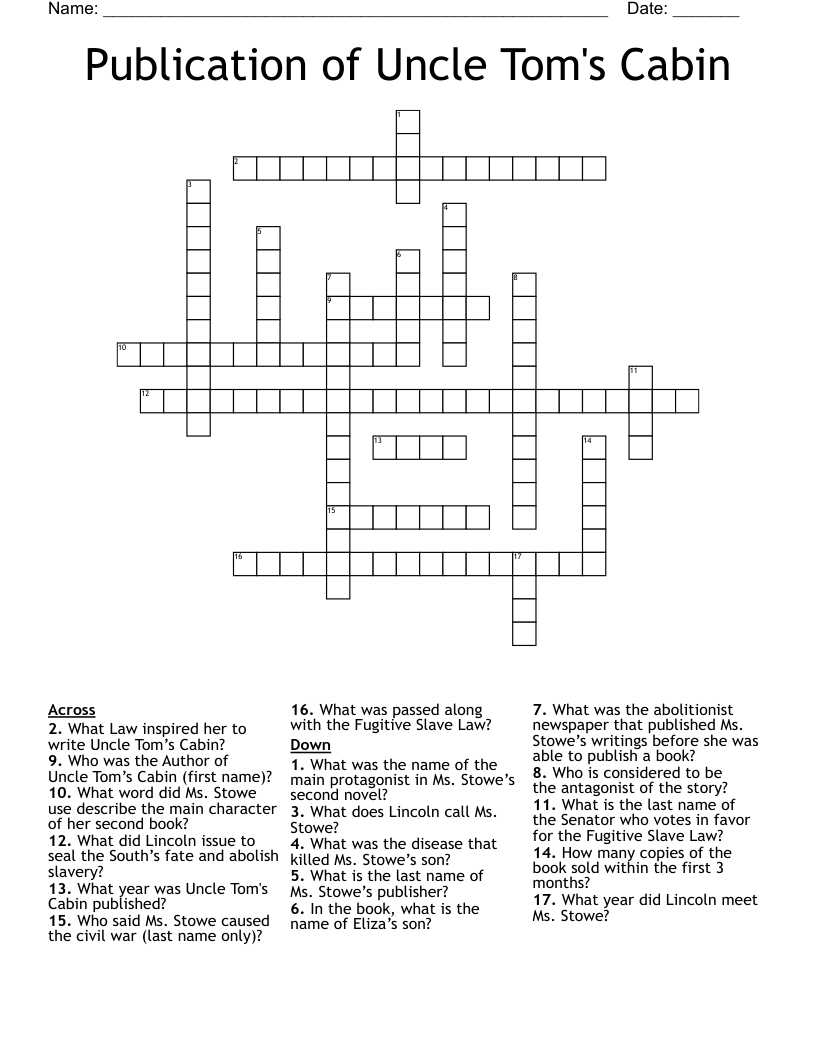 Publication of Uncle Tom's Cabin Crossword