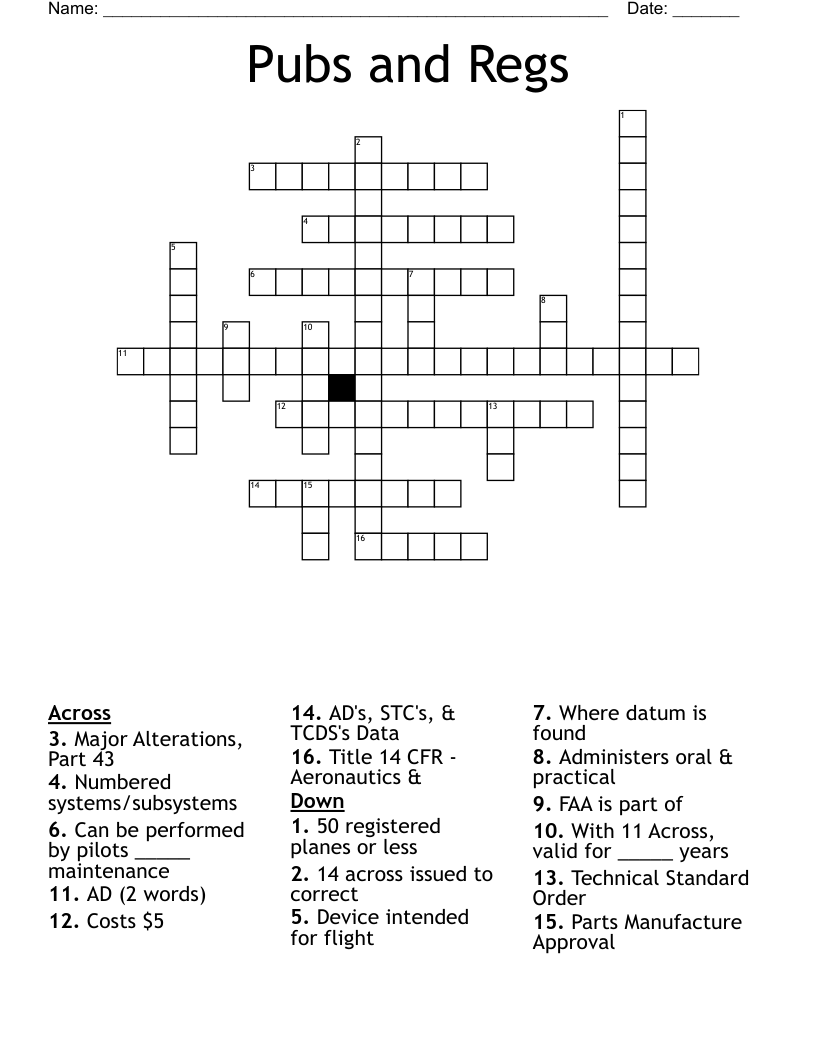 Pubs and Regs Crossword