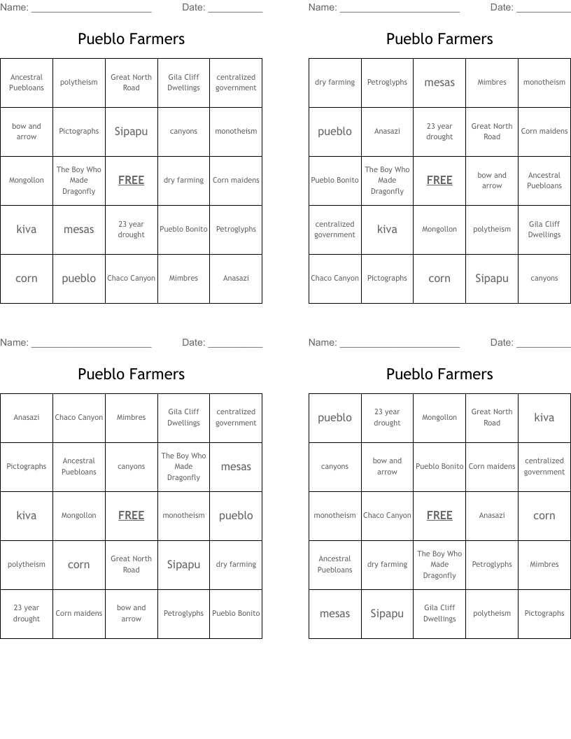 Pueblo Farmers Bingo Cards