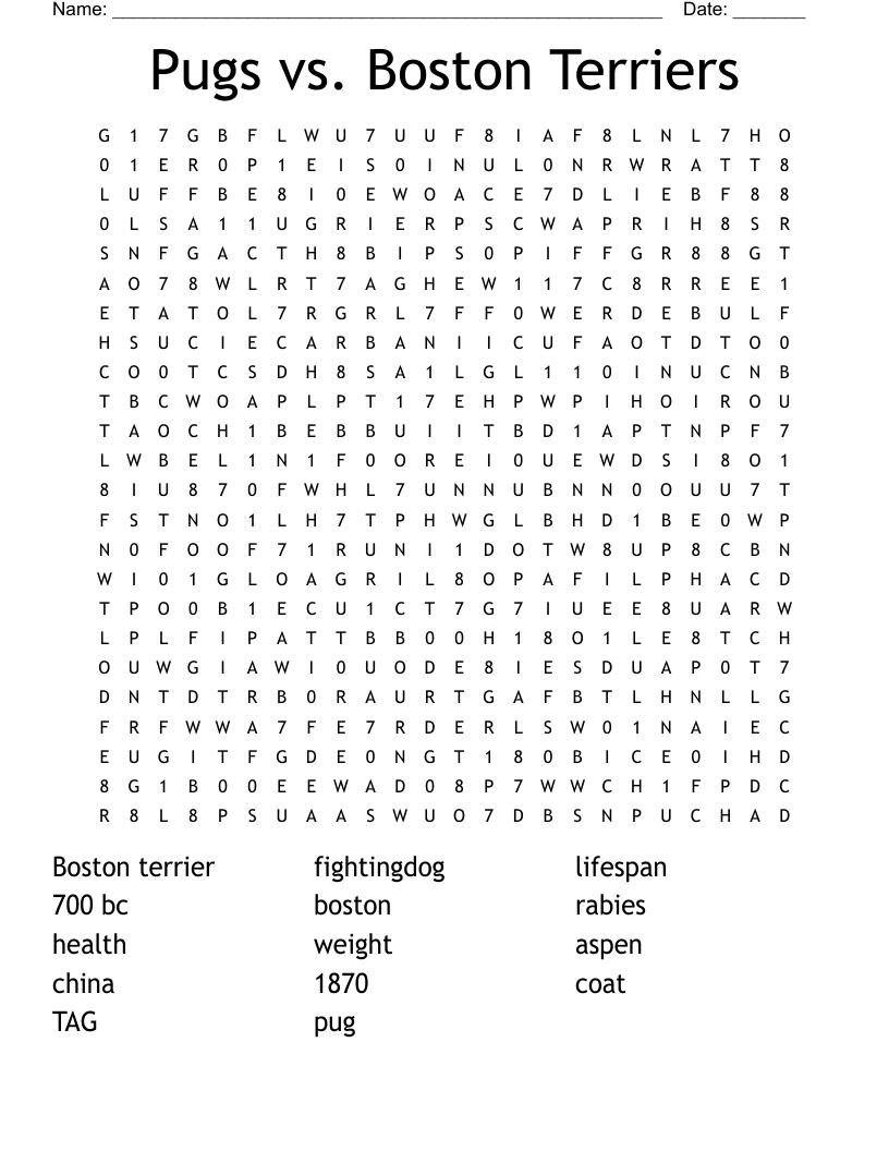 Pugs vs. Boston Terriers Word Search