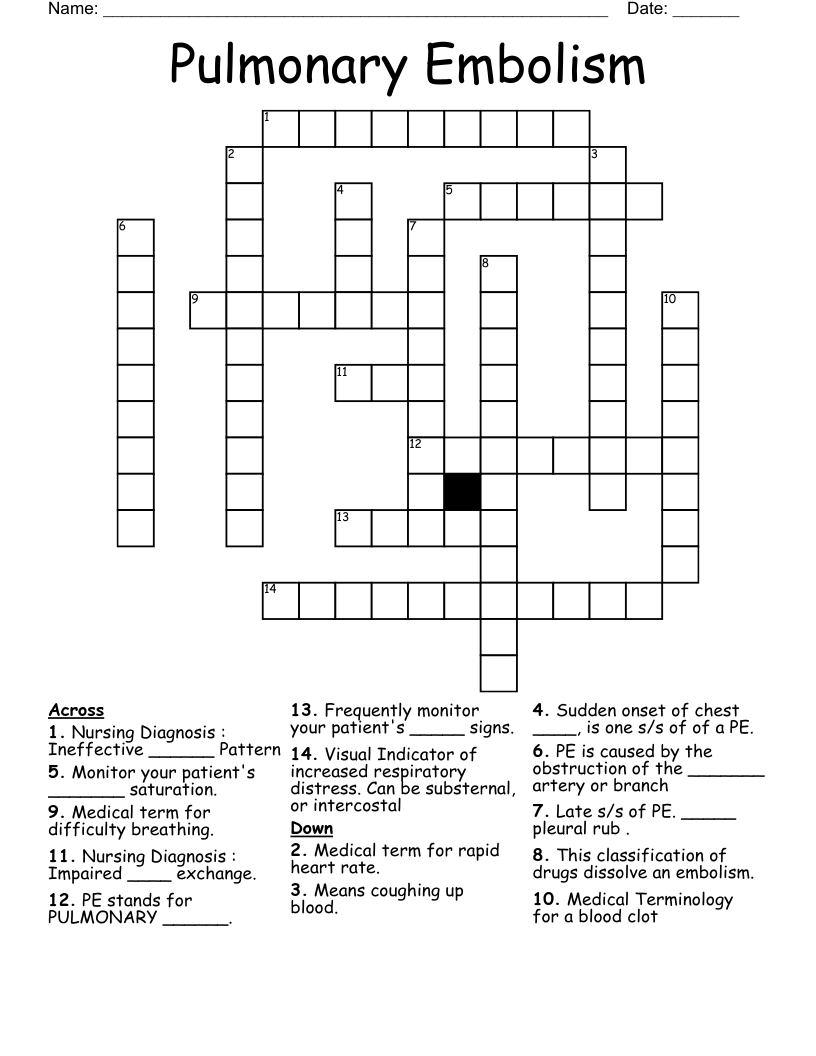 Pulmonary Embolism Crossword