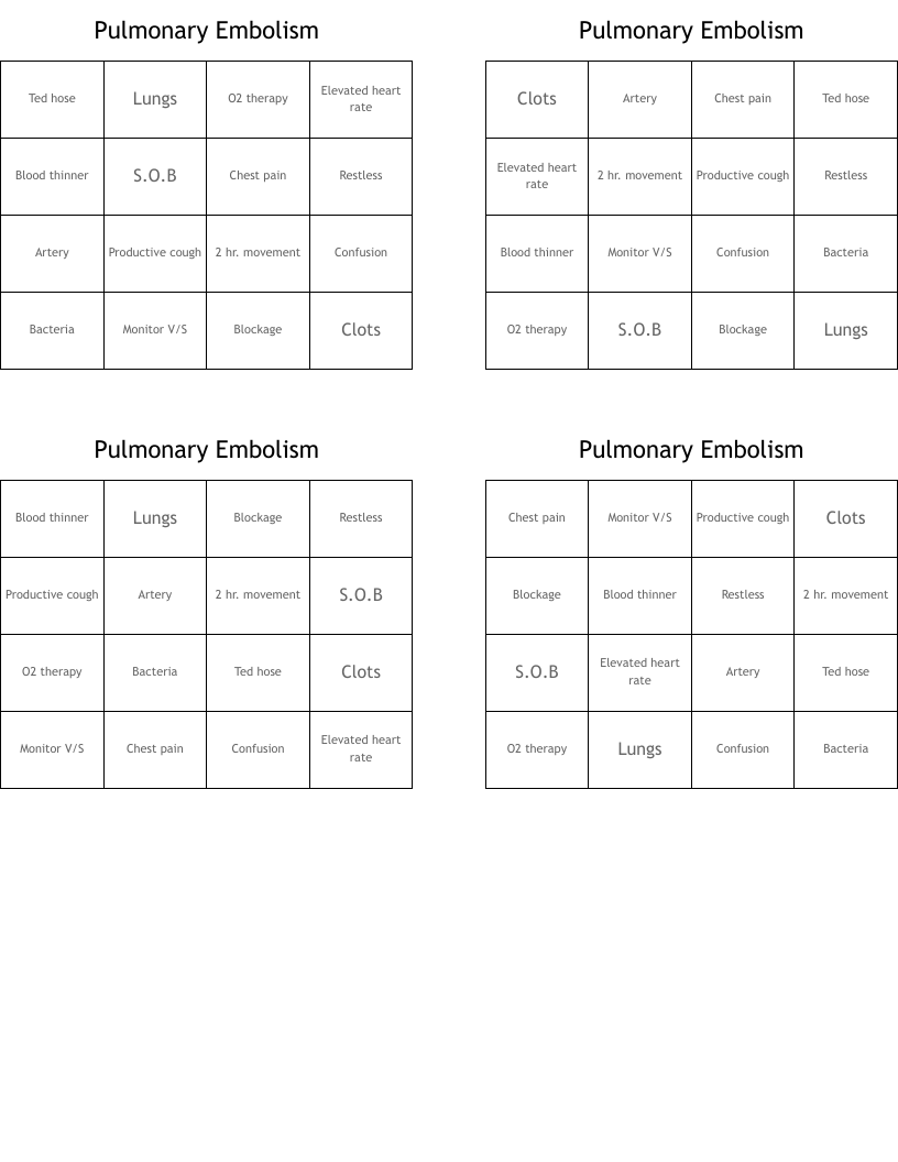 Pulmonary Embolism Bingo Cards