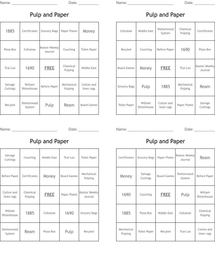 Pulp and Paper Bingo Cards