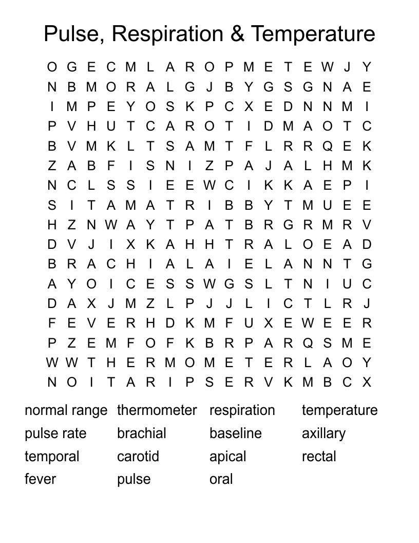 Pulse, Respiration & Temperature Word Search