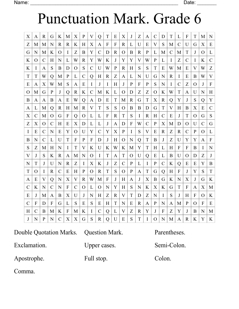 Punctuation Mark. Grade 6 Word Search