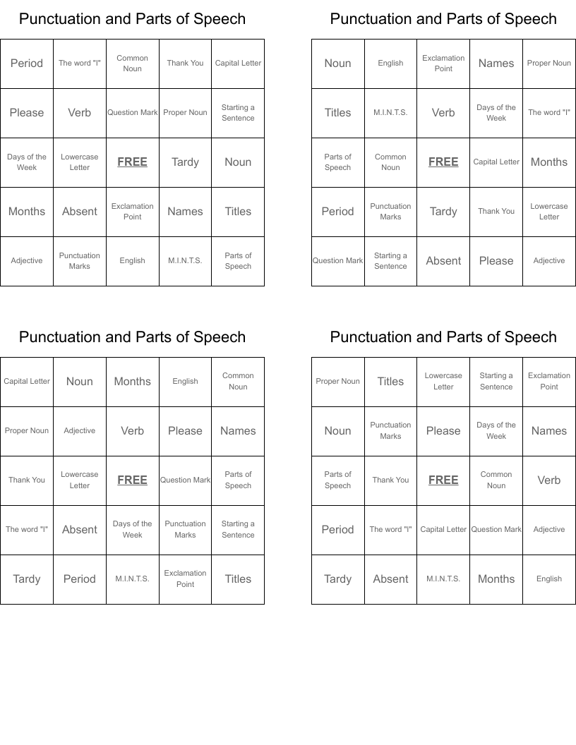 Punctuation and Parts of Speech Bingo Cards